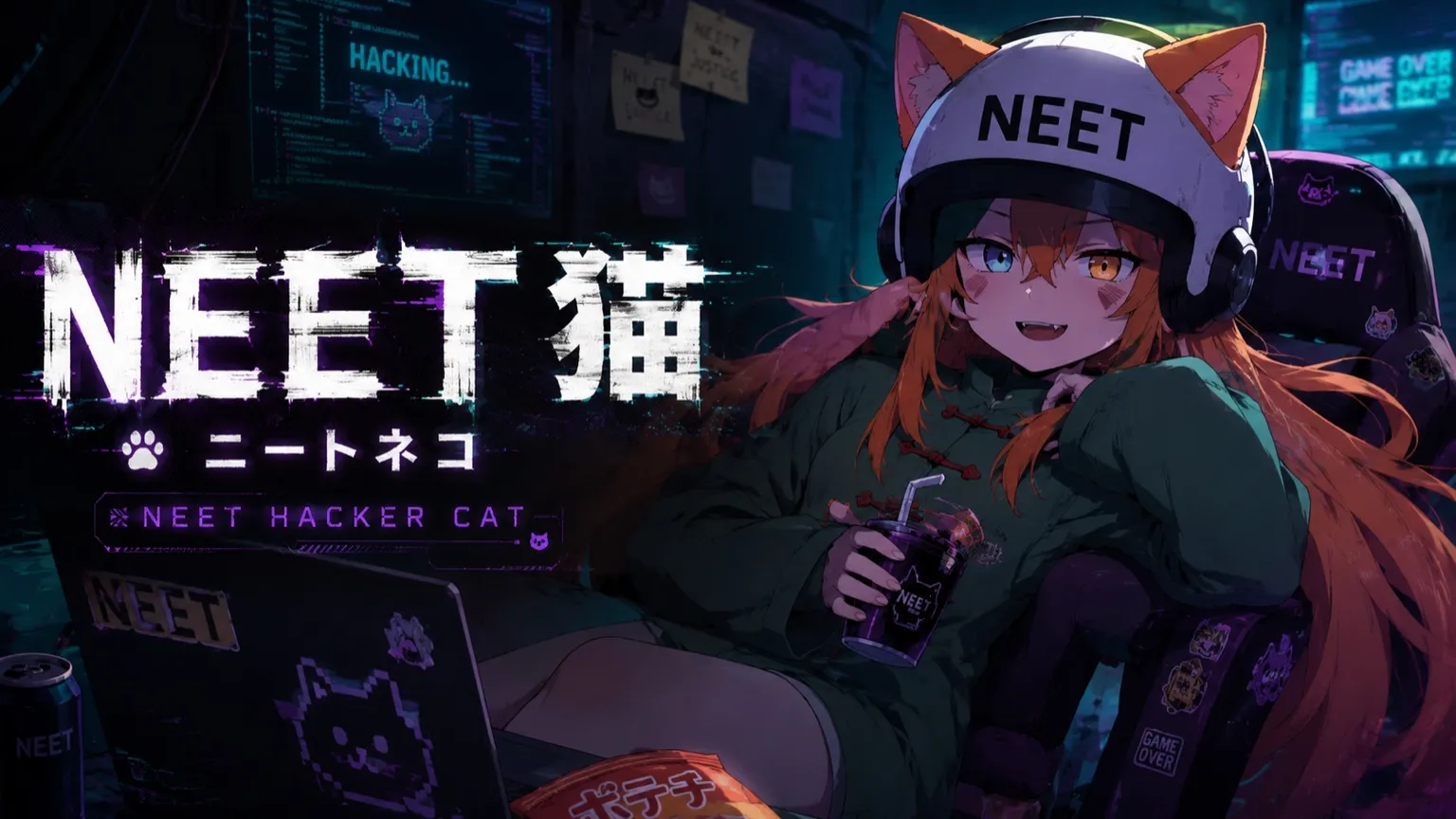 NEET hacker cat が暗いネット部屋でくつろぐバナー画像